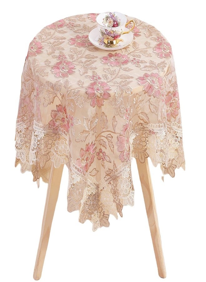 Fhberni Round Pink Floral Tablecloth - Lace Embroidered Elegant Decorative Edging Table Cover for Coffee Wedding Holiday(Pink, 48" Round) - Image 1