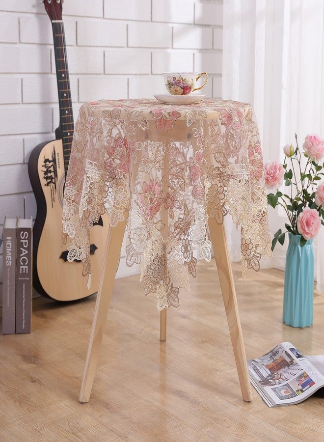Fhberni Round Pink Floral Tablecloth - Lace Embroidered Elegant Decorative Edging Table Cover for Coffee Wedding Holiday(Pink, 48" Round) - Image 4
