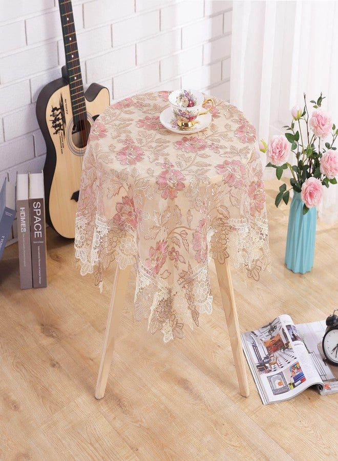 Fhberni Round Pink Floral Tablecloth - Lace Embroidered Elegant Decorative Edging Table Cover for Coffee Wedding Holiday(Pink, 48" Round) - Image 3