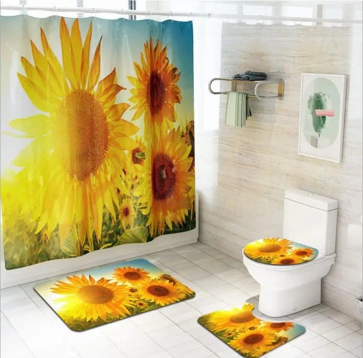 Y&D Sunflower Pattern Bathroom Shower Curtain Set Mats Rugs Set Non-slip Quickly Dry Waterproof Toilet Lid Cover Floor Mat Polyester - Image 1