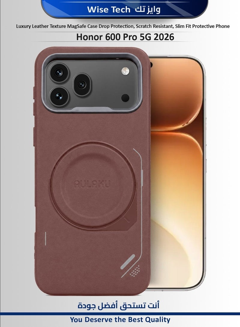 دبليو تيك جراب هاتف Honor 600 Pro 5G 2026 من الجلد الفاخر مع حماية من السقوط وخاصية MagSafe، مقاوم للخدوش، نحيف وخفيف - بني - Image 1