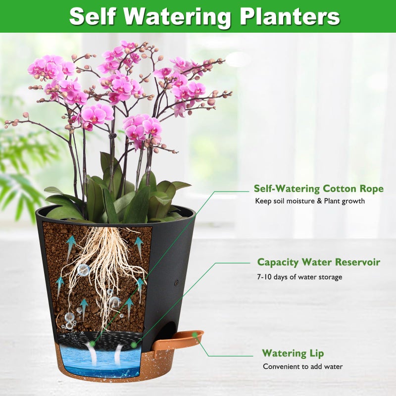 Vanslogreen Orchid Pots with Holes, 6 Inch Self Watering Orchid Pot 2 Pack Plastic Plant Pots for Orchid, Flower (Black+Brown) - Image 3