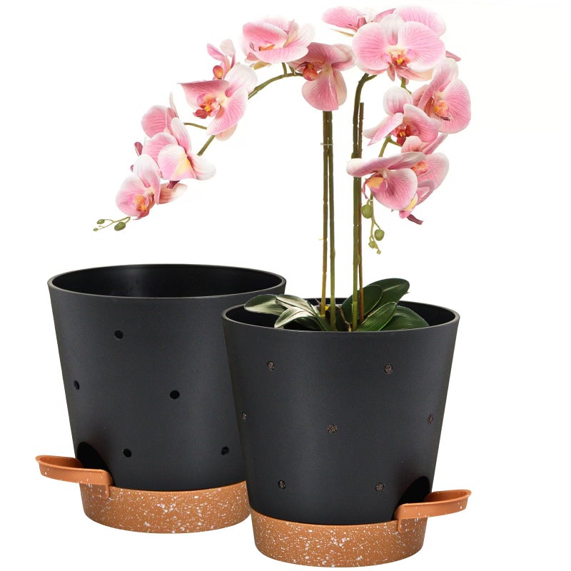 Vanslogreen Orchid Pots with Holes, 6 Inch Self Watering Orchid Pot 2 Pack Plastic Plant Pots for Orchid, Flower (Black+Brown) - Image 1