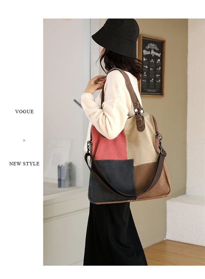 Women Canvas Tote Bag Top-handle Purses Contrast Color Commuter Handbags Crossbody Shoulder Bags  - Image 4