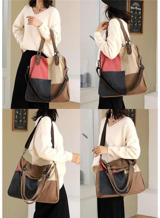 Women Canvas Tote Bag Top-handle Purses Contrast Color Commuter Handbags Crossbody Shoulder Bags  - Image 2