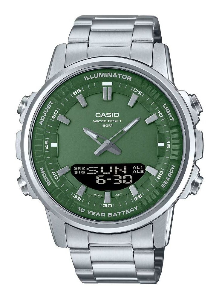 CASIO ساعة يد كوارتز تناظرية ورقمية بسوار من الستانلس ستيل ومينا أخضر للرجال AMW-880D-3A - 52 ملم فضي - Image 1