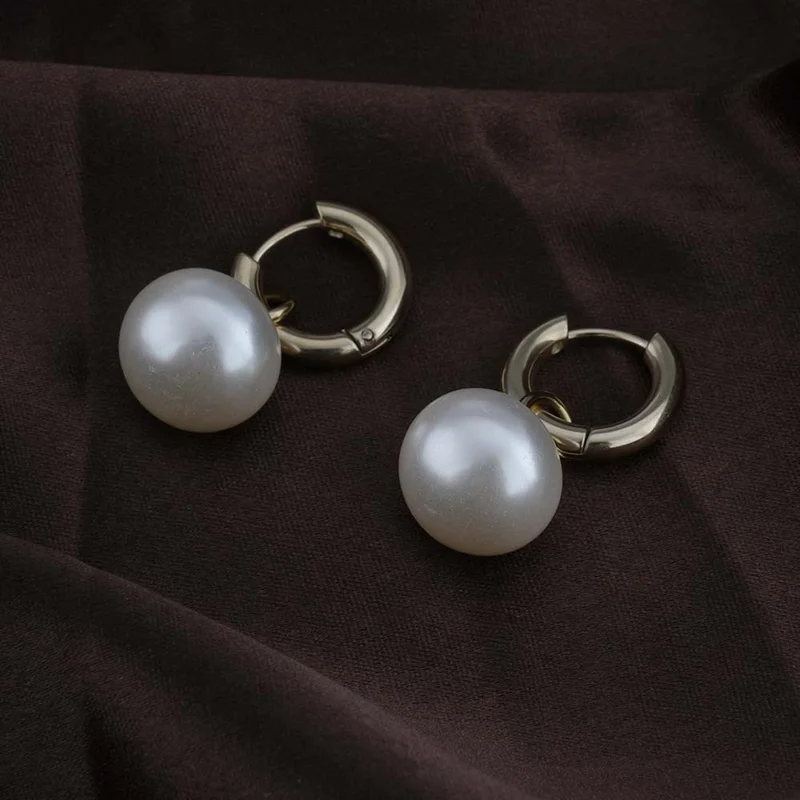 بالموناس 18K Gold Tone Plated Drop Pearl Hoop Earrings For Women - Waterproof & Anti-Tarnish