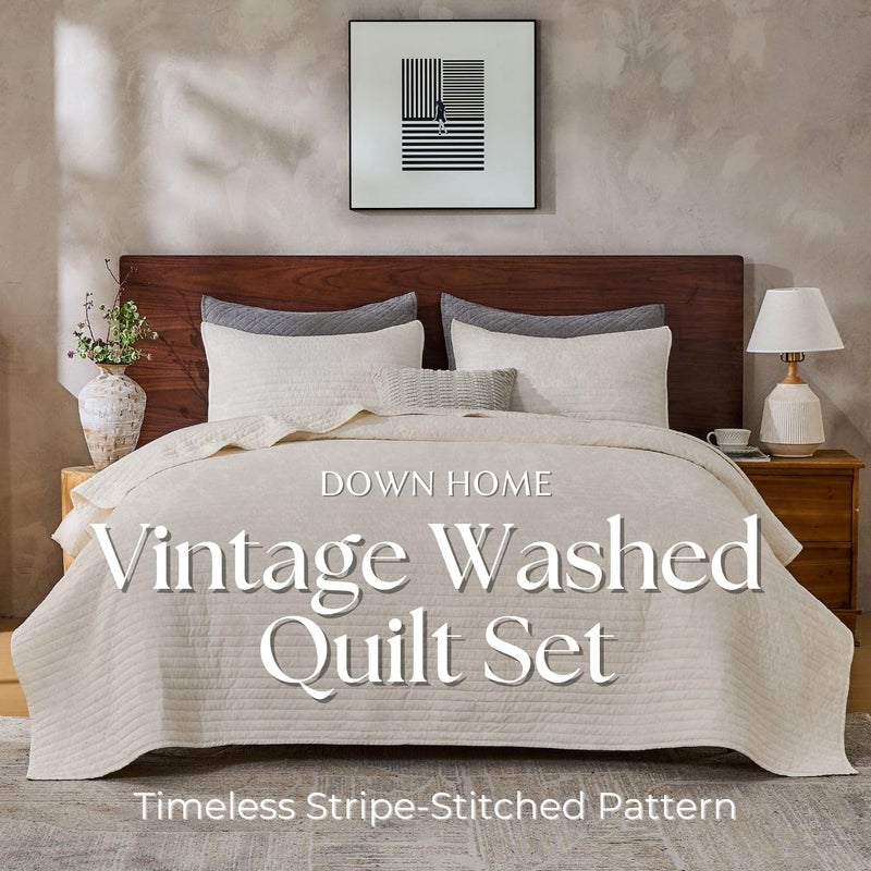 DOWN HOME Queen Quilt Bedding Set with Shams, Vintage Washed Soft Quilted Blanket Thin Comforter Lightweight Bedspread Coverlet Bed Cover, Brushed Microfiber Stripe Stitching, Linen White, 86"x90" - Image 2