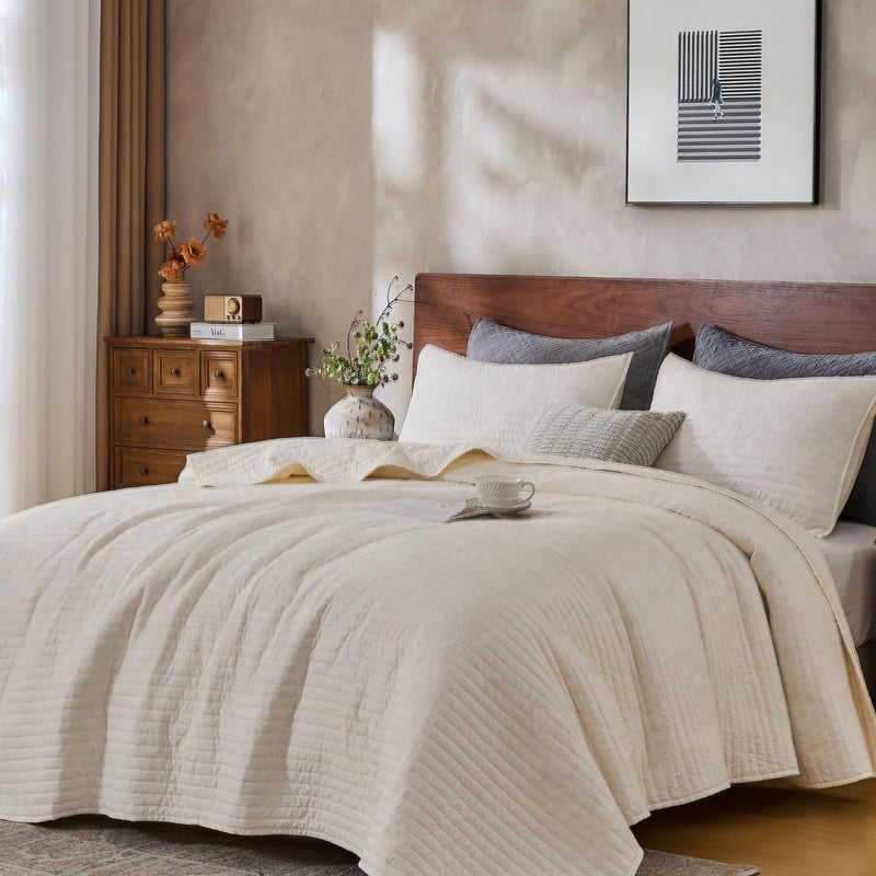 DOWN HOME Queen Quilt Bedding Set with Shams, Vintage Washed Soft Quilted Blanket Thin Comforter Lightweight Bedspread Coverlet Bed Cover, Brushed Microfiber Stripe Stitching, Linen White, 86"x90" - Image 1