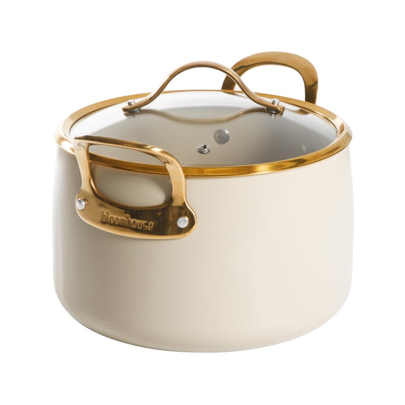 Bloomhouse - Two Time Oprah's Favorite Things Winner - 8 Quart Heavy Duty Aluminum Premium PFA Free Ceramic Nonstick Dutch Oven Pot with Lid - Almond Cream w/Gold Handle - Image 1