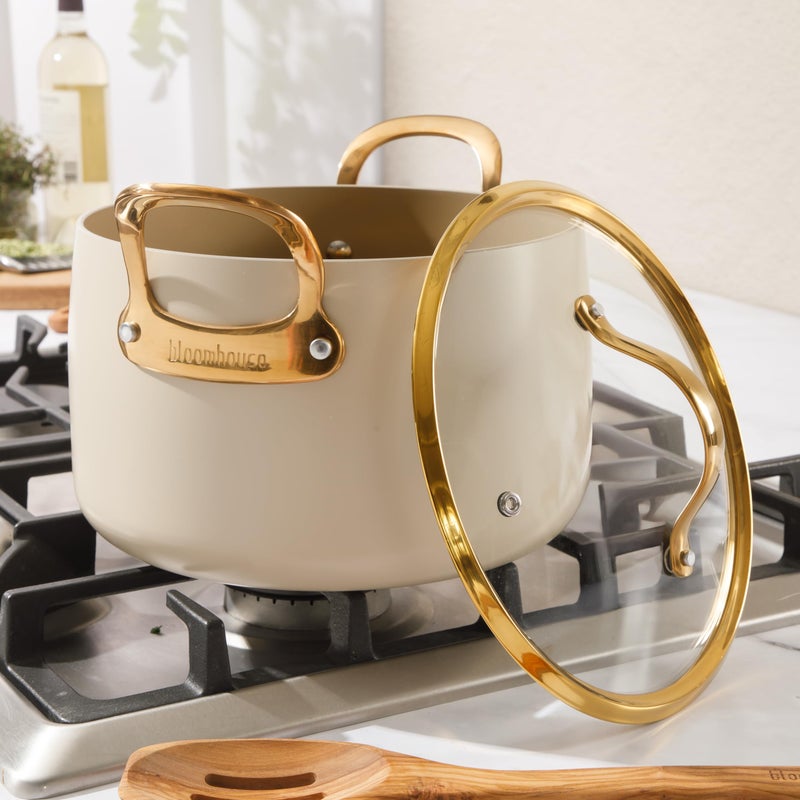 Bloomhouse - Two Time Oprah's Favorite Things Winner - 8 Quart Heavy Duty Aluminum Premium PFA Free Ceramic Nonstick Dutch Oven Pot with Lid - Almond Cream w/Gold Handle - Image 5