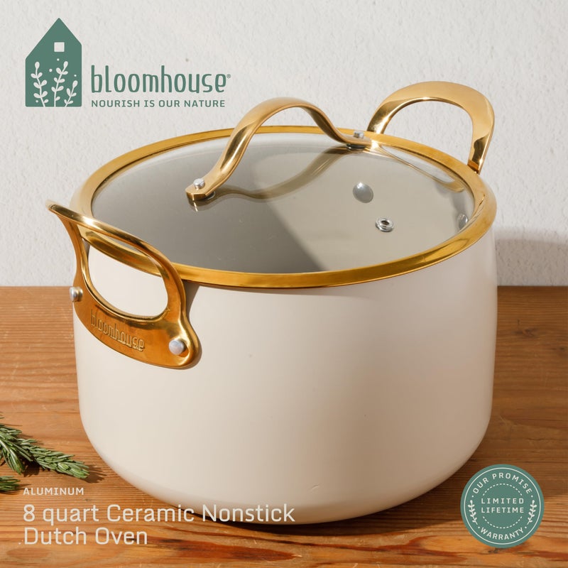 Bloomhouse - Two Time Oprah's Favorite Things Winner - 8 Quart Heavy Duty Aluminum Premium PFA Free Ceramic Nonstick Dutch Oven Pot with Lid - Almond Cream w/Gold Handle - Image 2