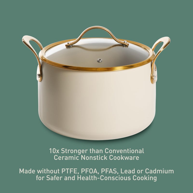 Bloomhouse - Two Time Oprah's Favorite Things Winner - 8 Quart Heavy Duty Aluminum Premium PFA Free Ceramic Nonstick Dutch Oven Pot with Lid - Almond Cream w/Gold Handle - Image 4