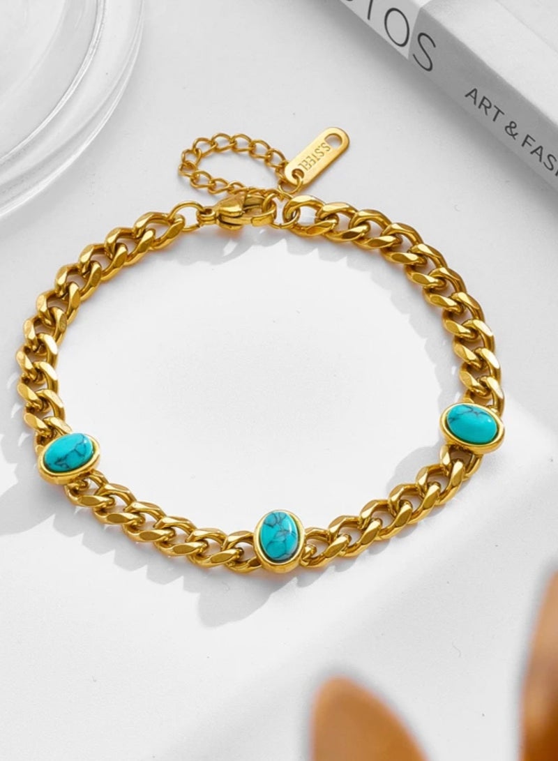 NEW STYLE Elegant Gold Plated Stainless Steel Bracelet For Women Inlaid With Turquoise Stone - Image 3
