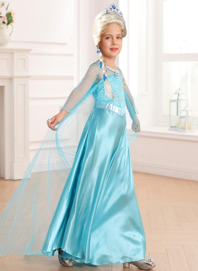 Luzlen Elsa Dress for Girls Toddler Snow Princess Costume Blue with Wig Halloween Birthday Party Dress Up Outfits, 5-6Y(Tag 130) - Image 3