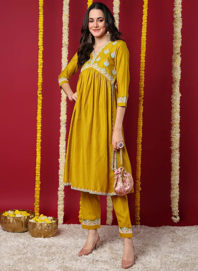 ZERESOUQ Yellow Silk Blend Solid Embroidered Flared Kurta with Trouser