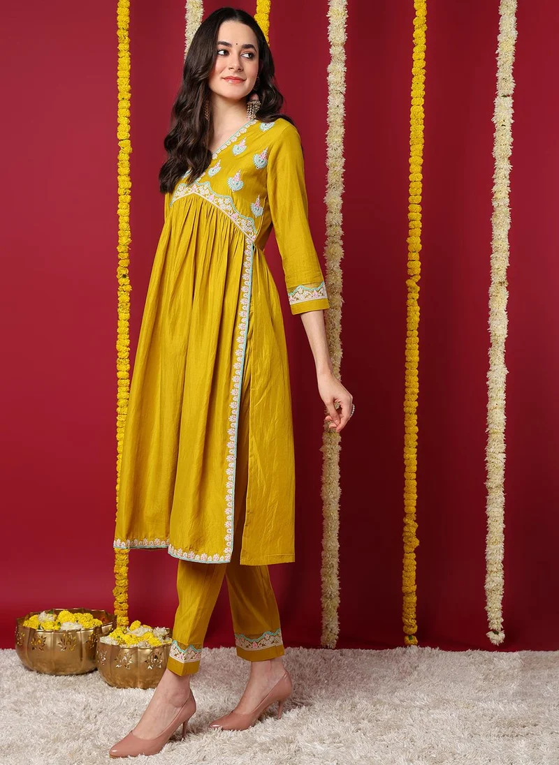 ZERESOUQ Yellow Silk Blend Solid Embroidered Flared Kurta with Trouser