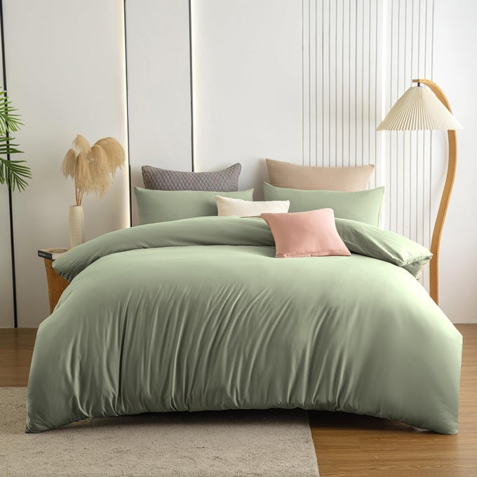 DOUBLE DUVET COVER SET SAGE GREEN BEDDING SET DOUBLE BED WITH ZIPPER CLOSURE SOFT NON IRON MICROFIBER DUVET COVER WITH 2 PILLOWCASES