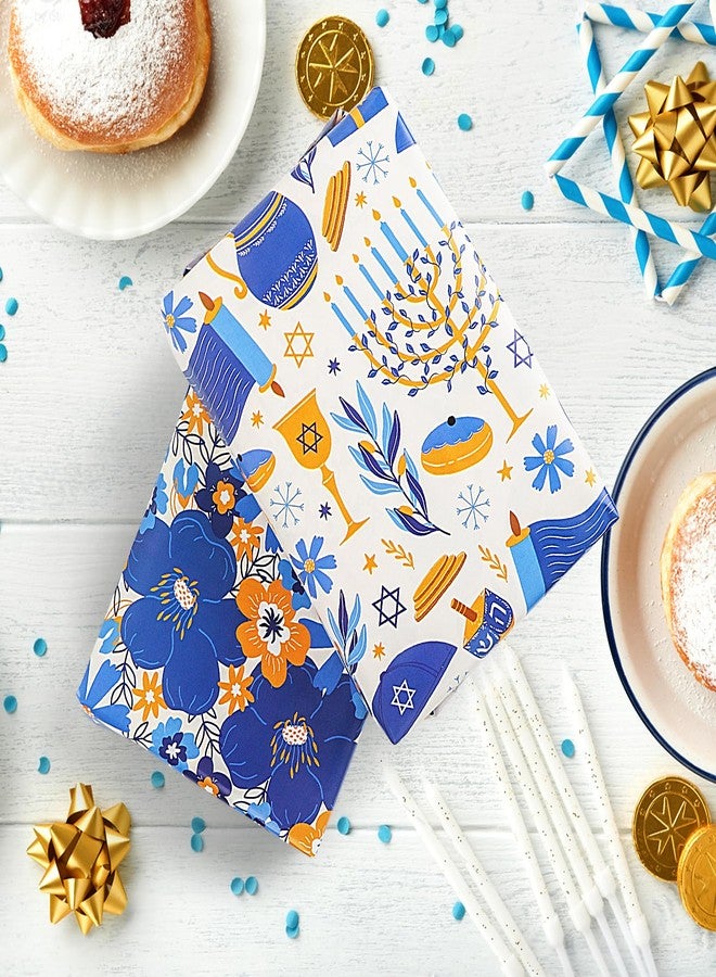 Vnaaem Hanukkah Wrapping Paper Blue Menorahs Floral Candles Design Gift Wrap Folded Flat for Chanukkah Holiday Party Celebration - 20 X 28Inches Per Sheet(8 Pack) - Image 3