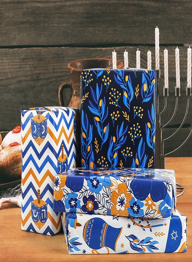 Vnaaem Hanukkah Wrapping Paper Blue Menorahs Floral Candles Design Gift Wrap Folded Flat for Chanukkah Holiday Party Celebration - 20 X 28Inches Per Sheet(8 Pack) - Image 2