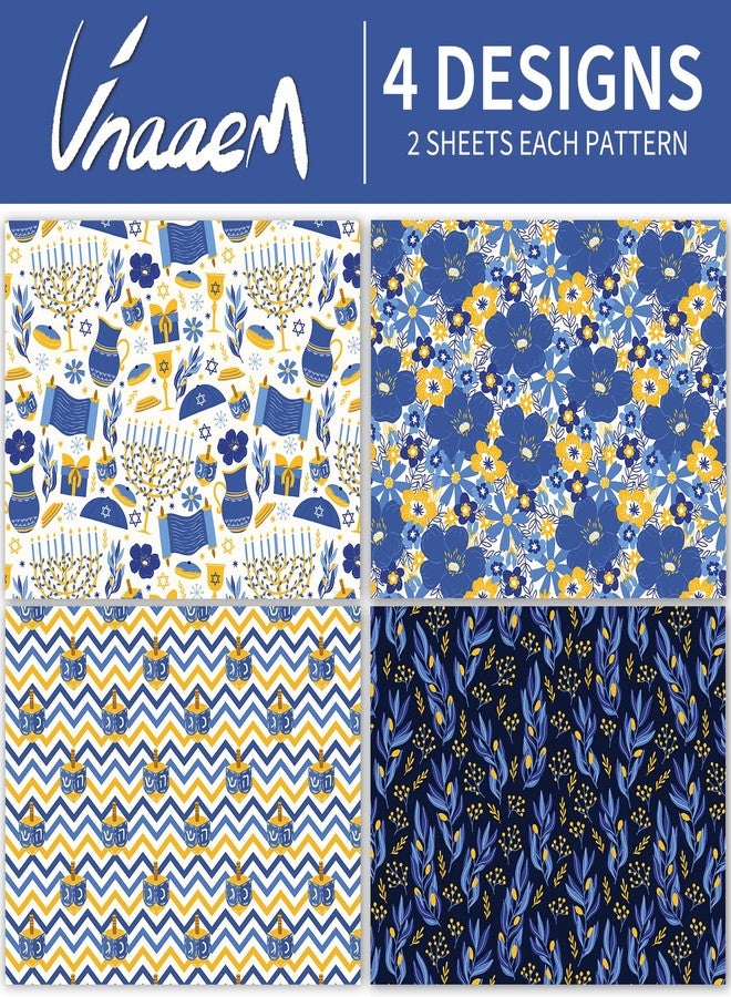 Vnaaem Hanukkah Wrapping Paper Blue Menorahs Floral Candles Design Gift Wrap Folded Flat for Chanukkah Holiday Party Celebration - 20 X 28Inches Per Sheet(8 Pack) - Image 4