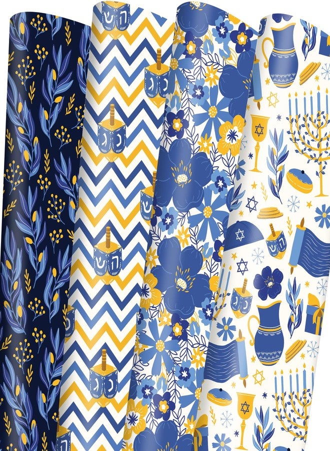Vnaaem Hanukkah Wrapping Paper Blue Menorahs Floral Candles Design Gift Wrap Folded Flat for Chanukkah Holiday Party Celebration - 20 X 28Inches Per Sheet(8 Pack) - Image 1