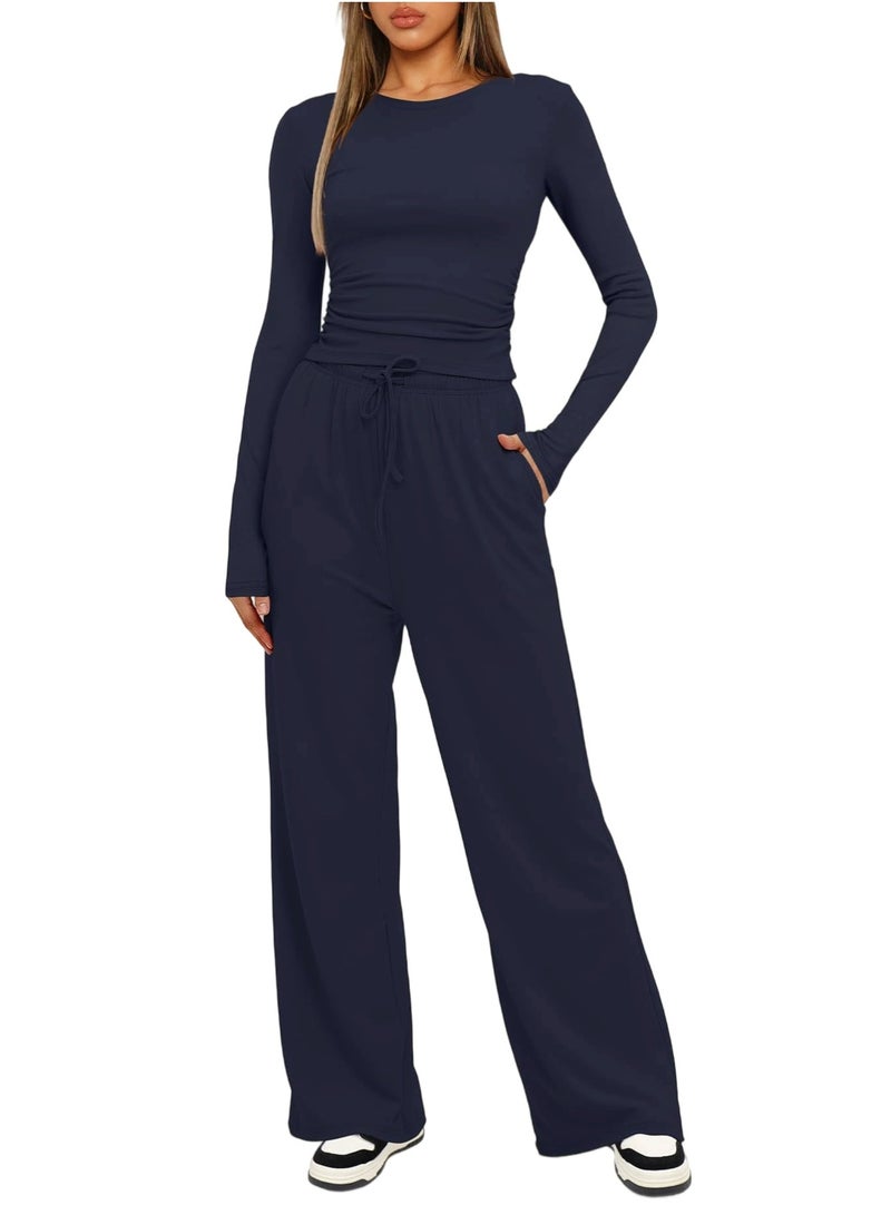 general 2025-2026 TK Solid Color Casual Long-Sleeved Settop Coat High-Waisted Wide-Fitting Pants Sports Outfit - Image 1