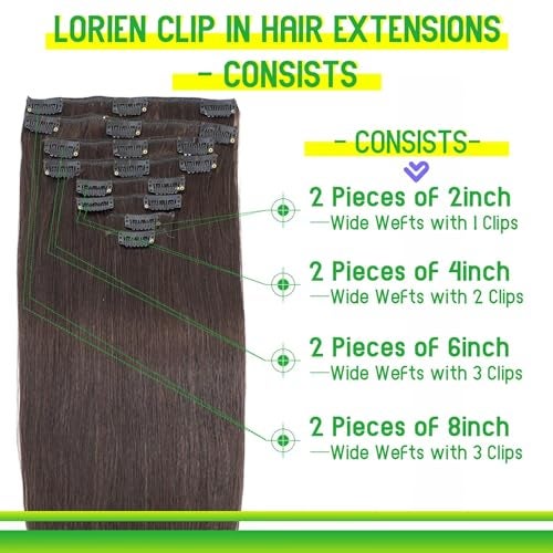 LORIEN Clip in Hair Extensions Real Human Hair, 20 Inch 105g, 2 Darkest Brown, Clip in 100% Brazilian Remy Human Hair Extensions 8pcs Per Set with 18 Clips Double Weft - Image 3