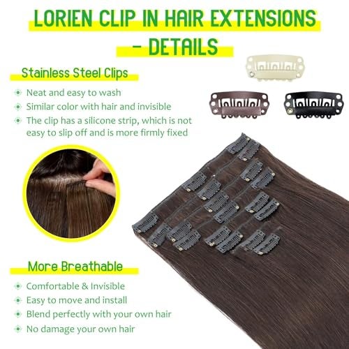 LORIEN Clip in Hair Extensions Real Human Hair, 20 Inch 105g, 2 Darkest Brown, Clip in 100% Brazilian Remy Human Hair Extensions 8pcs Per Set with 18 Clips Double Weft - Image 4