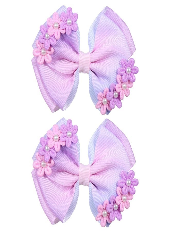 Miroksh 4in Pearl Flower Hair Bows Girls Pink Purple Ribbon Hair Bow Alligator Clips Floral Hair Pins Birthday Wedding Party Dress Summer Outfit Decor Accessories for Toddler Teens Kids - Image 1