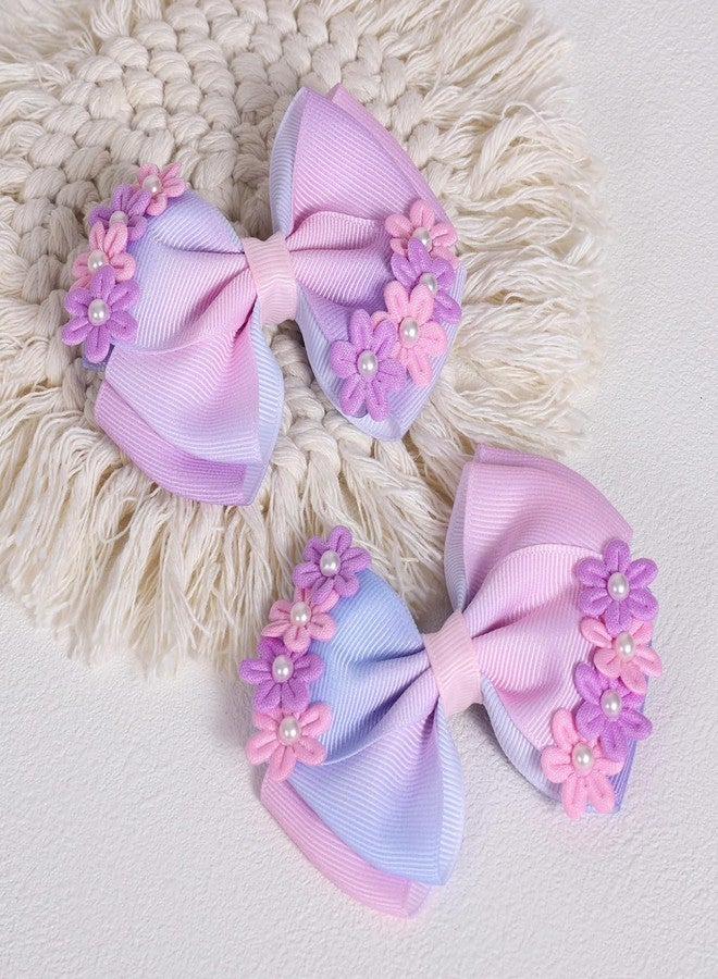 Miroksh 4in Pearl Flower Hair Bows Girls Pink Purple Ribbon Hair Bow Alligator Clips Floral Hair Pins Birthday Wedding Party Dress Summer Outfit Decor Accessories for Toddler Teens Kids - Image 2
