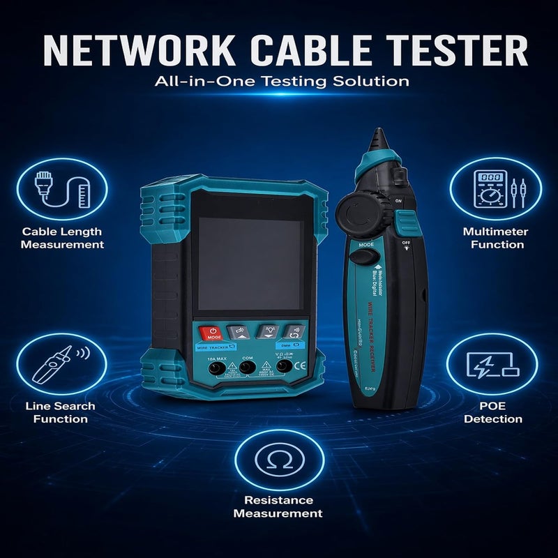Network Cable Tester with PoE Testing, Digital Cable, Length Measurement, Portable Wire Tracker ET623 - Multimeter Function, LED Flashlight, Easy Network Troubleshooting - Image 2