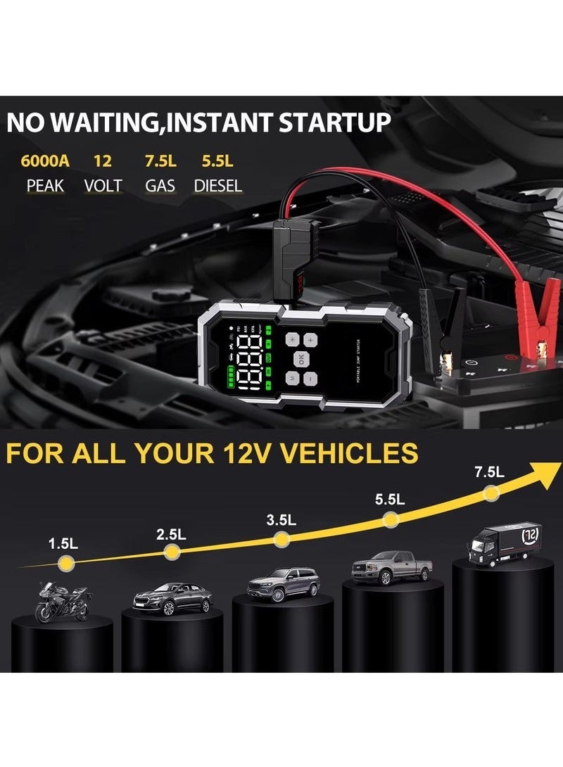 Generic 4 in 1 Car jump starter 21800mAh 12V Power Bank Type C USB Charger Flashlight 150 PSI Air Compressor Peak Current 6000A  - Image 2