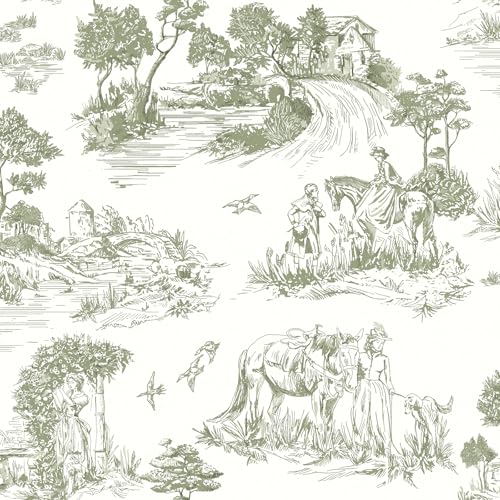 lenify Green Toile Peel and Stick Wallpaper Vintage Contact Paper 16.9inch x 118.1inch French Country Contact Paper Toile Farmhouse Self-Adhesive Removable Wallpaper for Bedroom Decorative Vinyl - Image 1