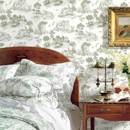 lenify Green Toile Peel and Stick Wallpaper Vintage Contact Paper 16.9inch x 118.1inch French Country Contact Paper Toile Farmhouse Self-Adhesive Removable Wallpaper for Bedroom Decorative Vinyl - Image 5