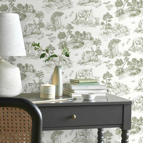 lenify Green Toile Peel and Stick Wallpaper Vintage Contact Paper 16.9inch x 118.1inch French Country Contact Paper Toile Farmhouse Self-Adhesive Removable Wallpaper for Bedroom Decorative Vinyl - Image 2