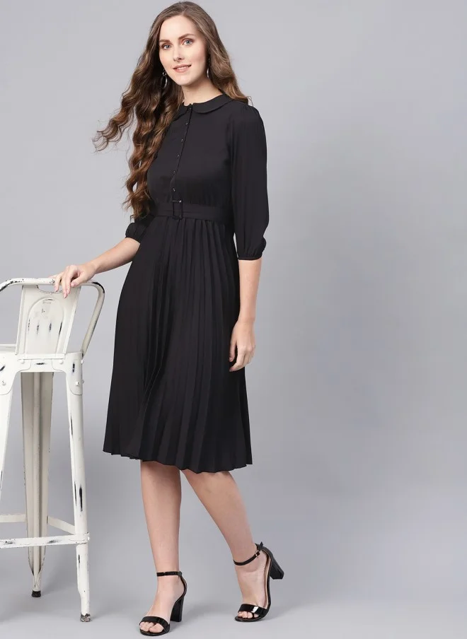 SASSAFRAS Black Accordion Pleats A-Line Dress for Women