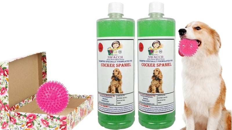 swacch Shampoo | Puppy Safe Shampoo | PH Balanced | Ditch to Itch for Cocker Spaniel Dog Shampoo 2 Litre (Neem Alovera) + Spike Ball Chew Toy Combo Pack - Image 1