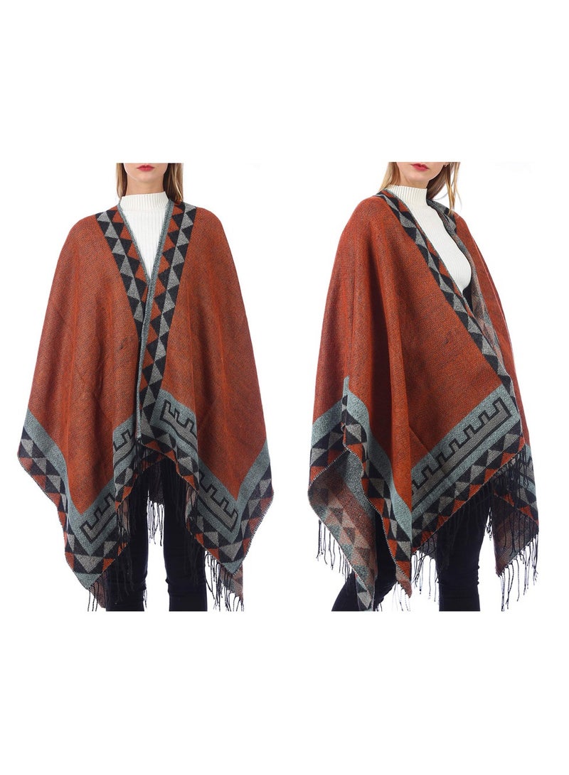SYOSI Women's Warm Shawl Wrap Open Front Poncho Cape Color Block Shawls Winter Cardigan Printed Ponchos for Women - Image 2
