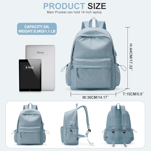 WEPOET School Backpack for Teens Boys Girls Cute Corduroy Bookbag Classic Casual High School Bag Lightweight College Backpack For Women Men(Blue) - Image 2