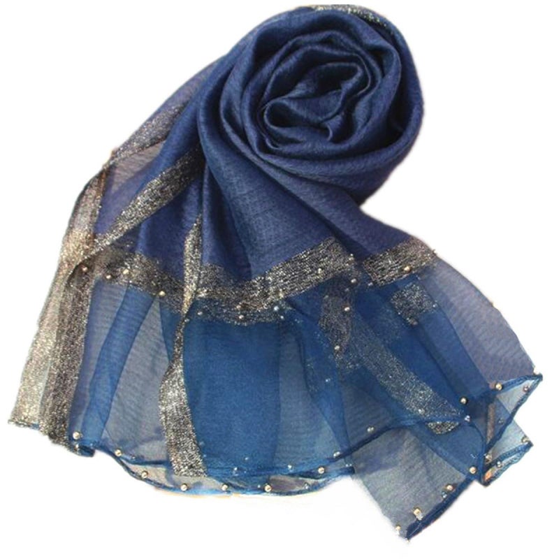 HURESON Women Mulberry Silk Scarf Lightweight Scarves Navy Blue Pearl Shawls and Wraps for Evening Dresses Beach Gauze Blanket Shawl for weddings navy - Image 1
