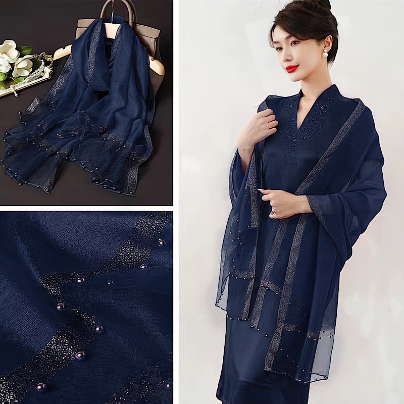 HURESON Women Mulberry Silk Scarf Lightweight Scarves Navy Blue Pearl Shawls and Wraps for Evening Dresses Beach Gauze Blanket Shawl for weddings navy - Image 2