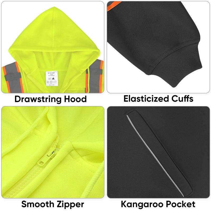 TICONN High Visibility Safety Sweatshirt Hoodie, Reflective Hi-Vis ANSI Class 3 Fleece Zippered Hooded Jacket with Black Bottom for men and women (Yellow&Black, XL) - Image 3
