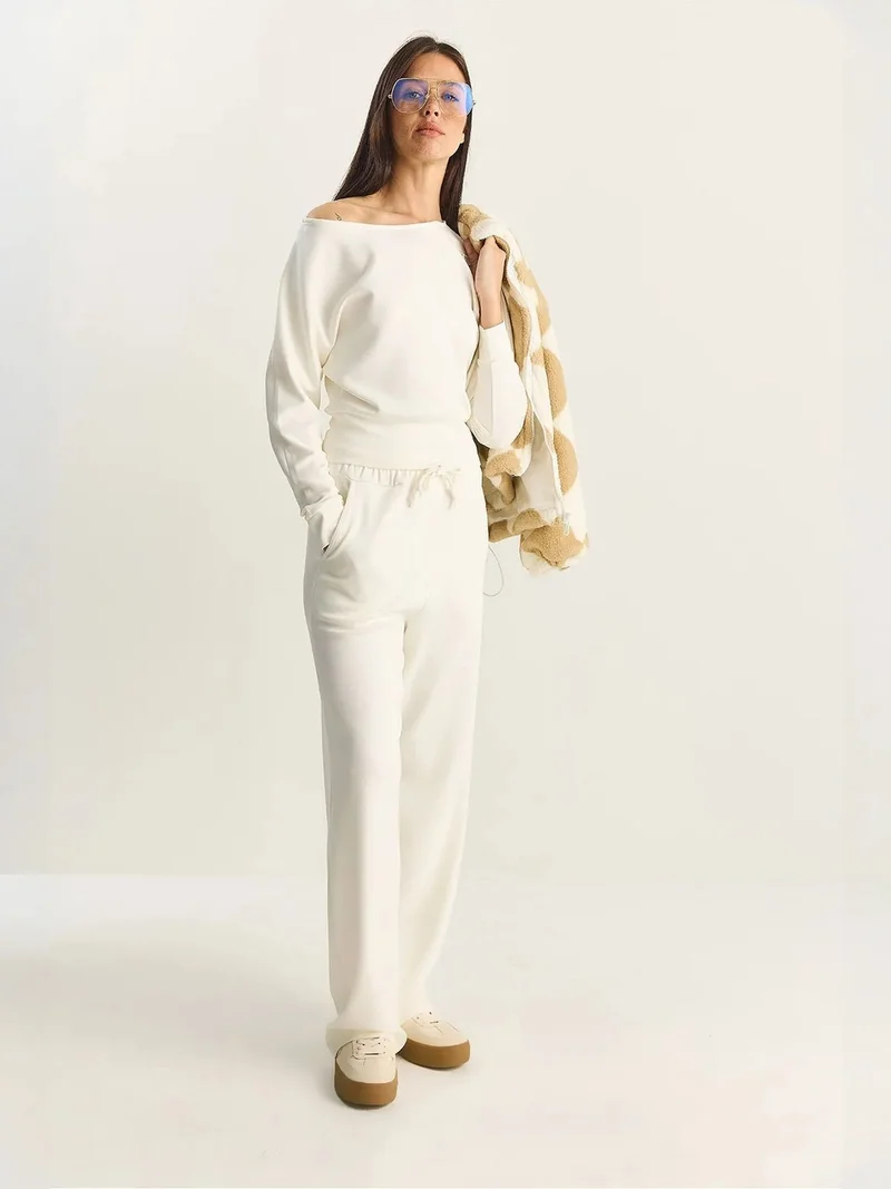 Bianco Lucci LUCCI Asymmetrical Collar Knitted High Waist Two-Piece Set