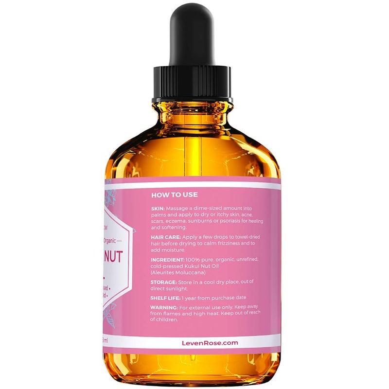 Leven Rose Kukui Nut Oil 4 oz â€“ Cold-Pressed and Unrefined Hair & Face Moisturizer with Dropper â€“ Unscented Pure Face Oil for Women and Men â€“ Nourishing & Moisturizing for All Skin Types - Image 4