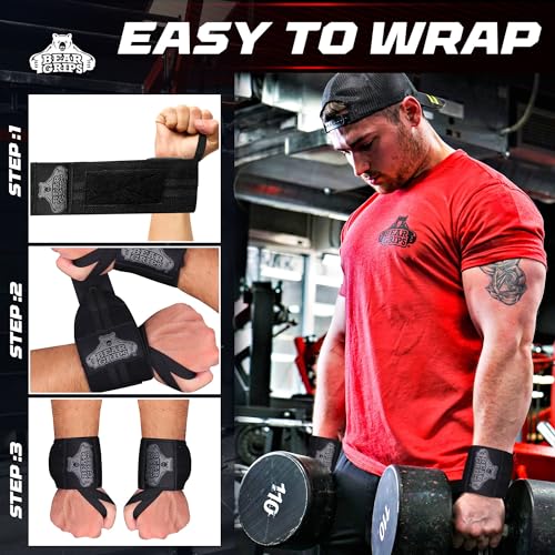 Bear Grips Wrist Wraps for Weightlifting | Weight Lifting Wrist Straps for Men & Women | Extra Strength Gym Wrist Wraps | Two Wrist Wrap Per Pack | 12' & 18' - Image 3