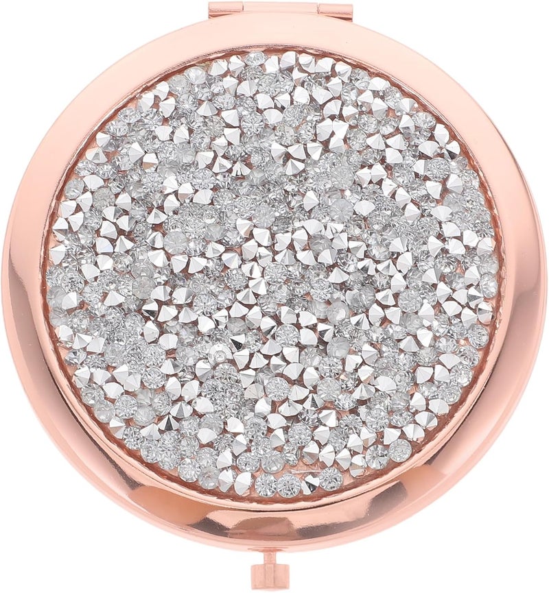 LABRIMP Rose Gold Compact Round Mirror with Rhinestone Cover Folding Mini Makeup Mirror for Purse for Travel and Daily Beauty Use - Image 1