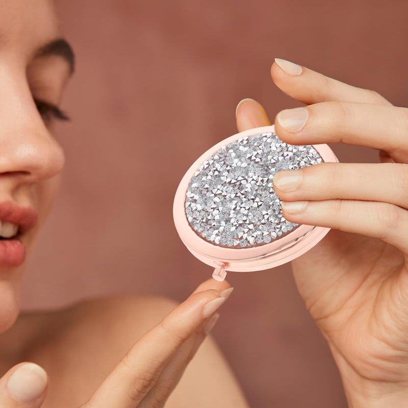 LABRIMP Rose Gold Compact Round Mirror with Rhinestone Cover Folding Mini Makeup Mirror for Purse for Travel and Daily Beauty Use - Image 4