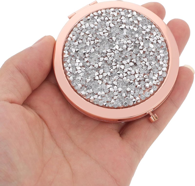 LABRIMP Rose Gold Compact Round Mirror with Rhinestone Cover Folding Mini Makeup Mirror for Purse for Travel and Daily Beauty Use - Image 3