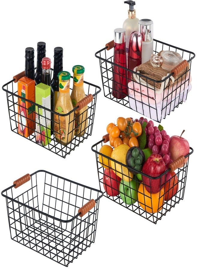 JUNCHU CHERRY Wire Kitchen Storage Basket 4 Packs,Perfect Pantry Organization Accessories Baskets,Laundry Basket,With a Wooden handle,Suitable for Kitchen,Bathroom,Bedroom,Tabletop,Stackable,Black - Image 1